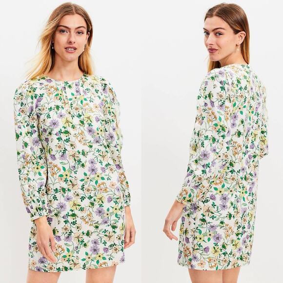 Loft Floral Linen-Blend Long Sleeve Shift Dress Sz.0 NWT - Picture 1 of 7